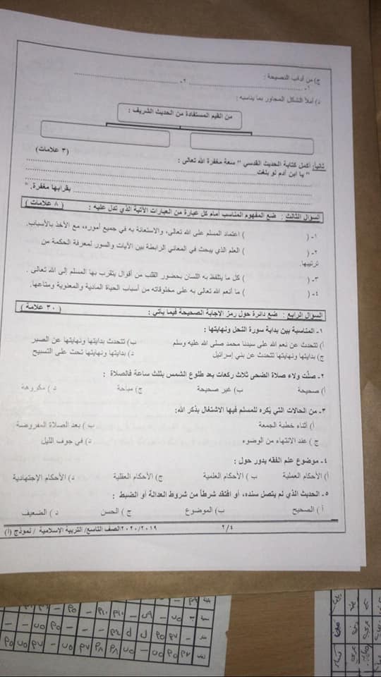 MTk1Mjg0MQ57576 صور نموذج A وكالة امتحان التربية الاسلامية النهائي للصف التاسع الفصل الاول 2020